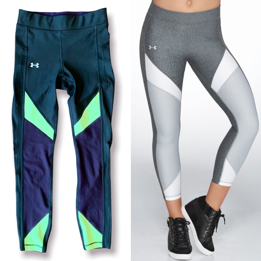 Under Armour UA heat gear color block ankle leggings green purple black XS